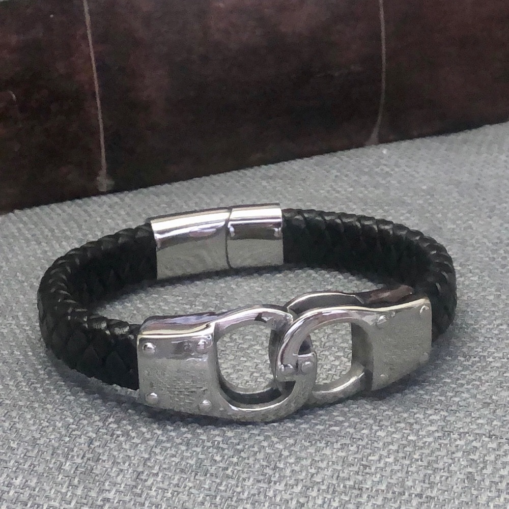 Leather & Stainless Steel Handcuff Bracelet